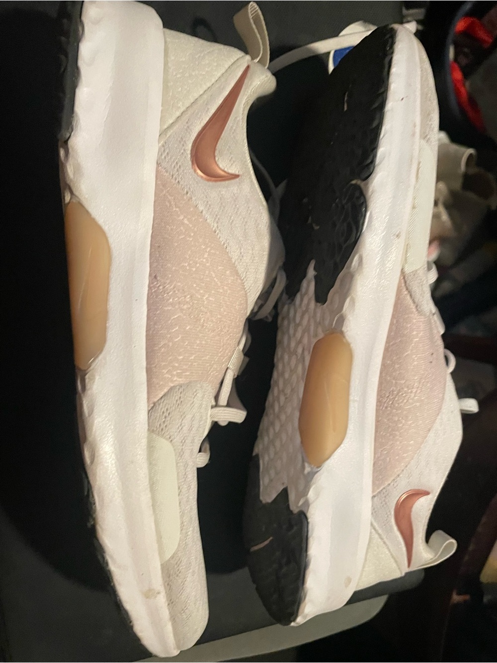 Nike Womens Light Pink White Sneakers with Rose Gold Swoosh